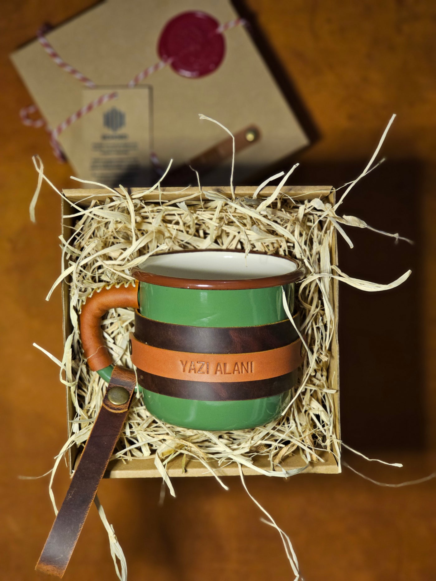 LEATHER ENAMEL MUG - GREEN