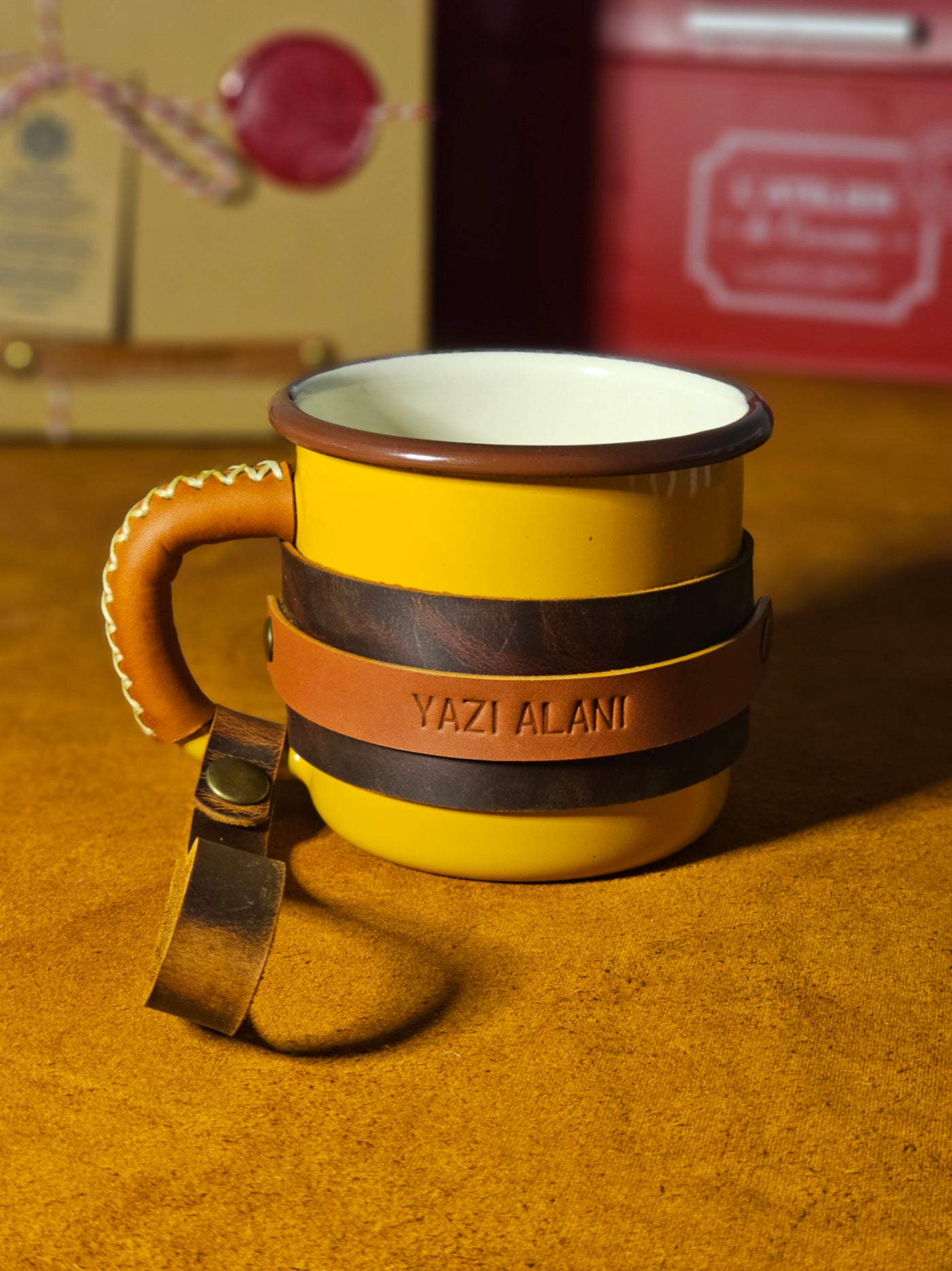 LEATHER ENAMEL MUG - YELLOW