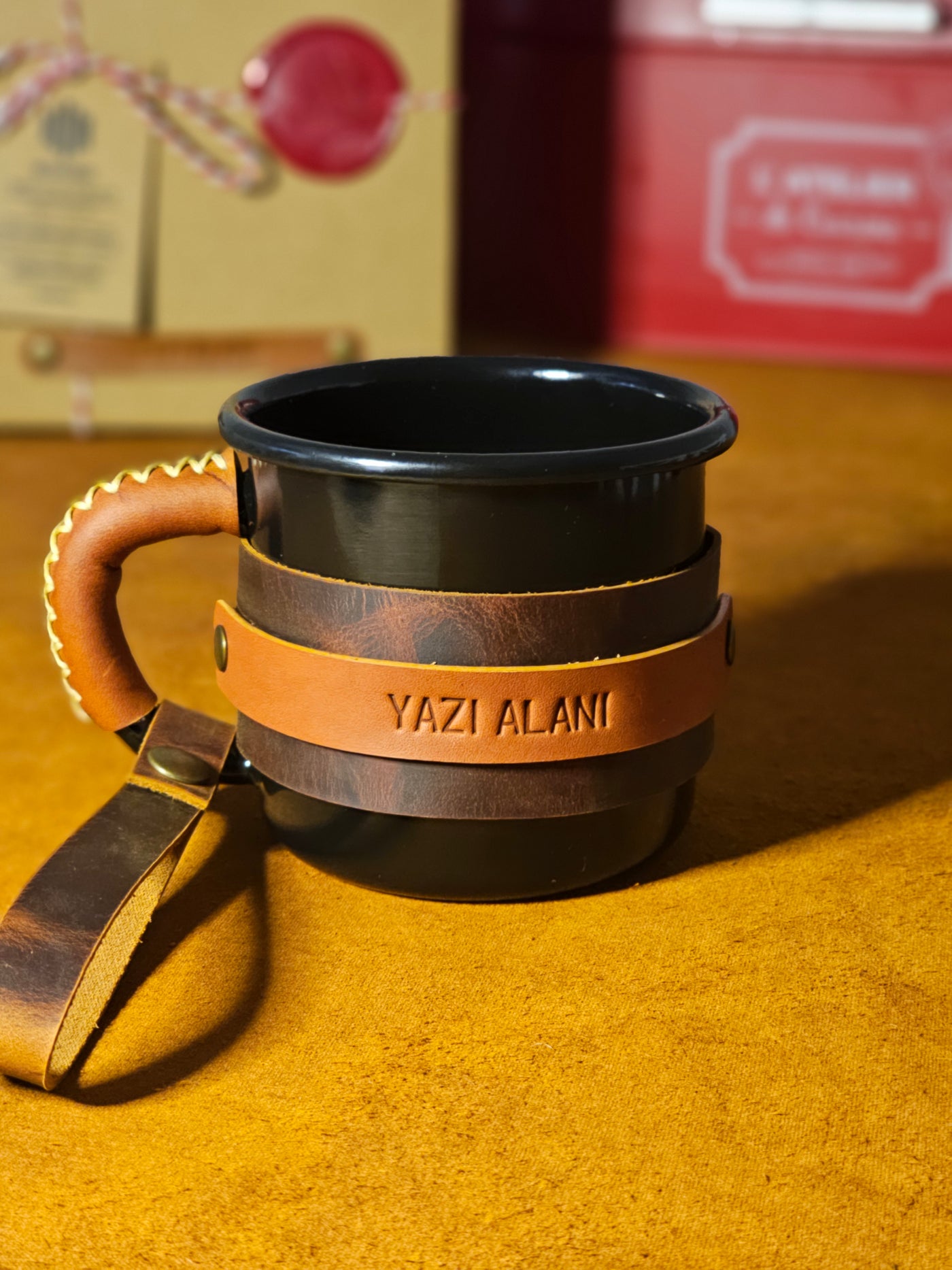 LEATHER ENAMEL MUG - BLACK