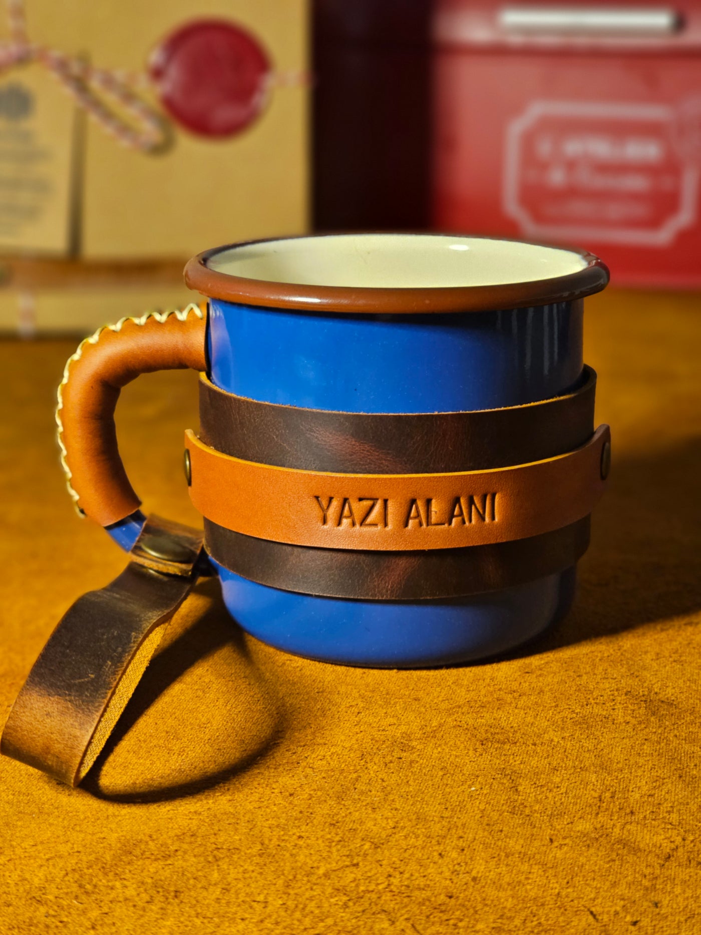 LEATHER ENAMEL MUG - BLUE