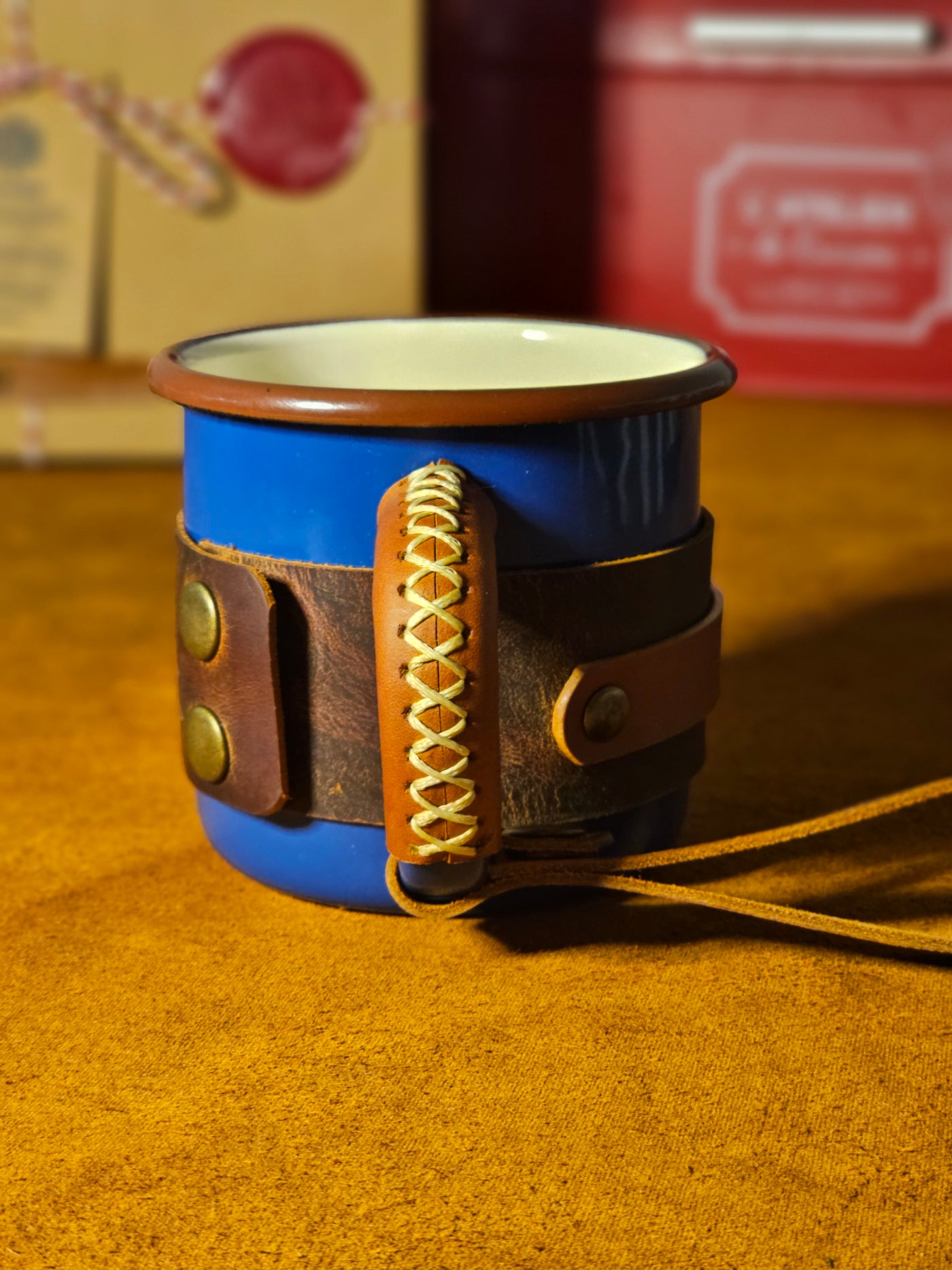 LEATHER ENAMEL MUG - BLUE