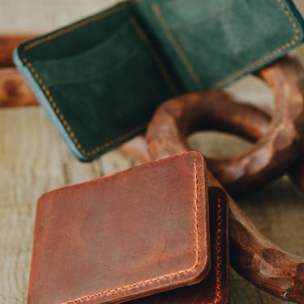 Personalized Full-Grain Leather Bifold Card Wallet — Levent — in use