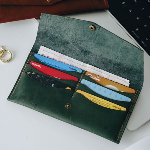 Personalized Full-Grain Leather Long Wallet with Phone Pocket — Seren — in use