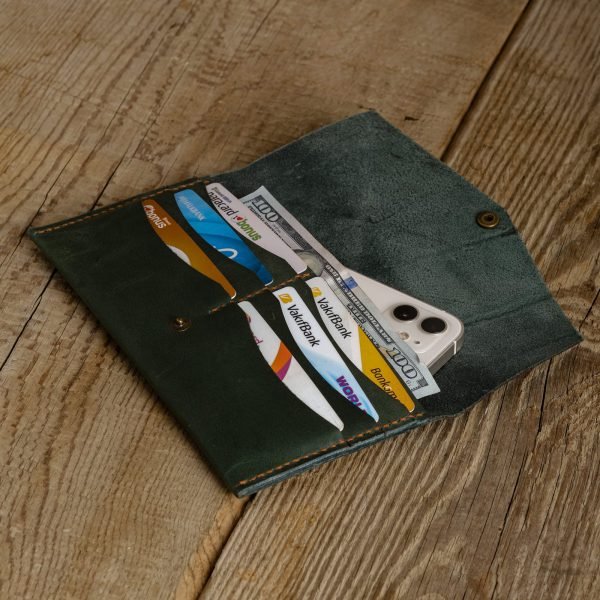 Personalized Full-Grain Leather Long Wallet with Phone Pocket — Seren in Green