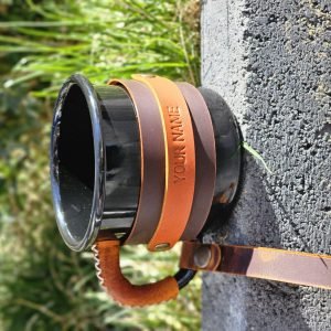 Personalized Leather-Wrapped Enamel Mug — Black