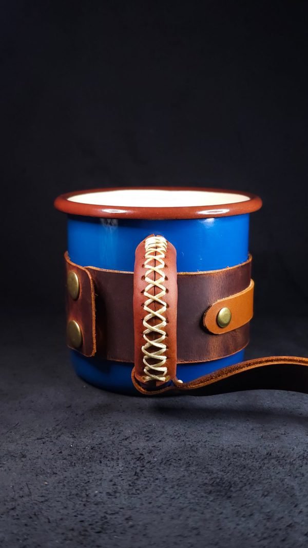 Personalized Leather-Wrapped Enamel Mug — Blue Personalized Leather-Wrapped Enamel Mug — Blue