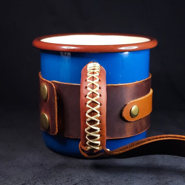 Personalized Leather-Wrapped Enamel Mug — Blue Personalized Leather-Wrapped Enamel Mug — Blue