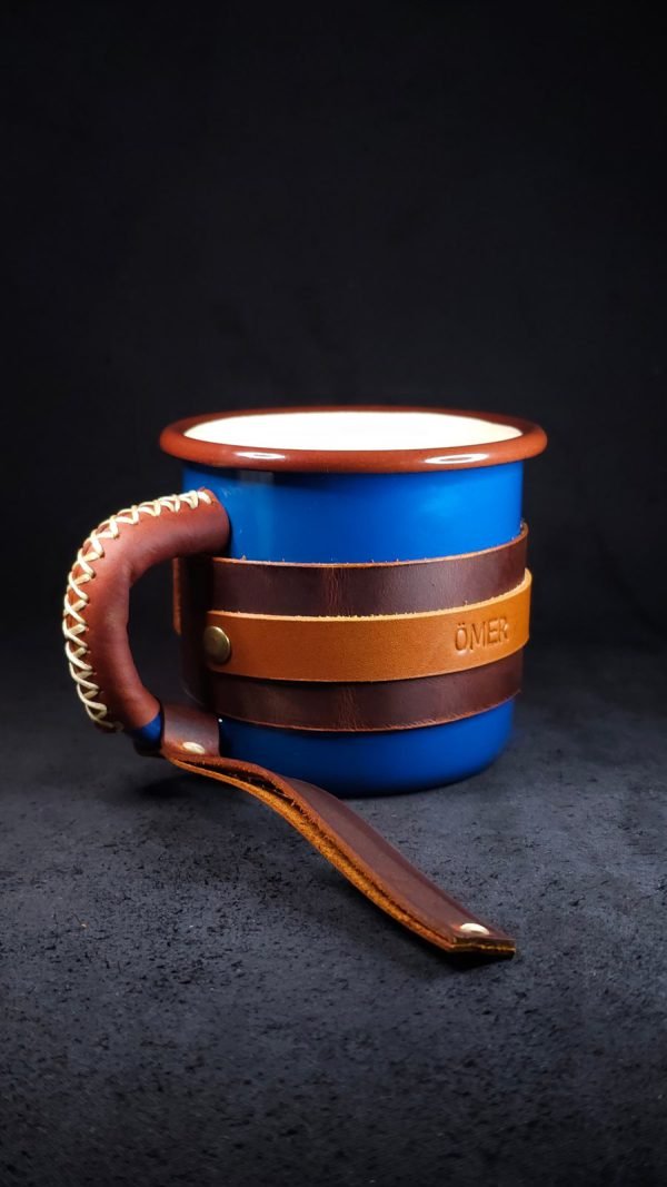Personalized Leather-Wrapped Enamel Mug — Blue Personalized Leather-Wrapped Enamel Mug — Blue