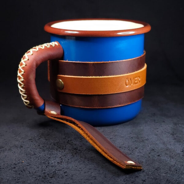 Personalized Leather-Wrapped Enamel Mug — Blue Personalized Leather-Wrapped Enamel Mug — Blue