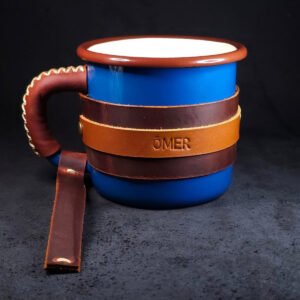 Personalized Leather-Wrapped Enamel Mug — Blue
