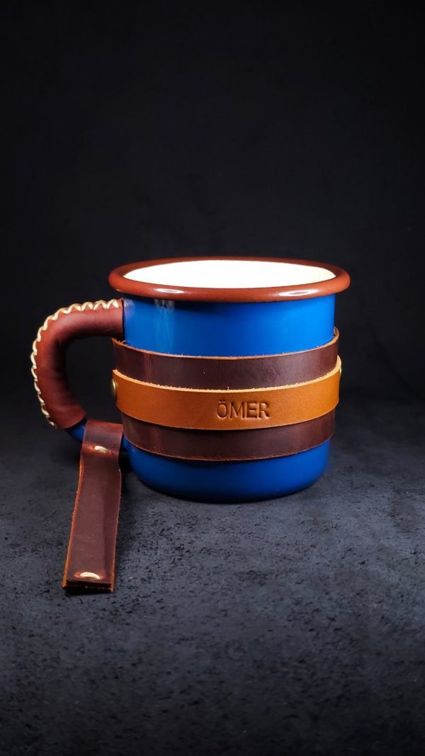Personalized Leather-Wrapped Enamel Mug — Blue Personalized Leather-Wrapped Enamel Mug — Blue