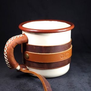 Personalized Leather-Wrapped Enamel Mug — Cream
