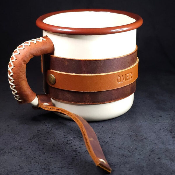 Personalized Leather-Wrapped Enamel Mug — Cream Personalized Leather-Wrapped Enamel Mug — Cream