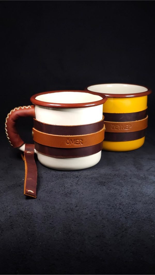 Personalized Leather-Wrapped Enamel Mug — Cream Personalized Leather-Wrapped Enamel Mug — Cream