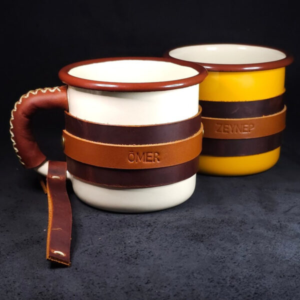 Personalized Leather-Wrapped Enamel Mug — Cream Personalized Leather-Wrapped Enamel Mug — Cream