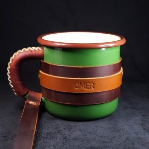 Personalized Leather-Wrapped Enamel Mug — Khaki Green