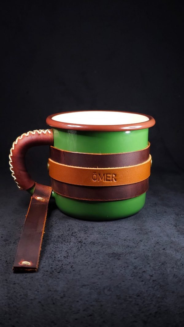 Personalized Leather-Wrapped Enamel Mug — Khaki Green