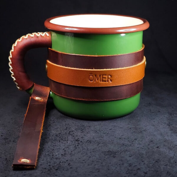 Personalized Leather-Wrapped Enamel Mug — Khaki Green Personalized Leather-Wrapped Enamel Mug — Khaki Green