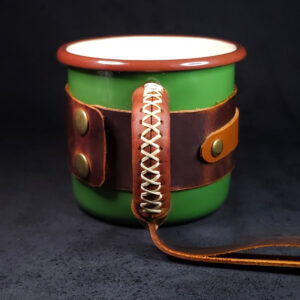 Personalized Leather-Wrapped Enamel Mug — Khaki Green