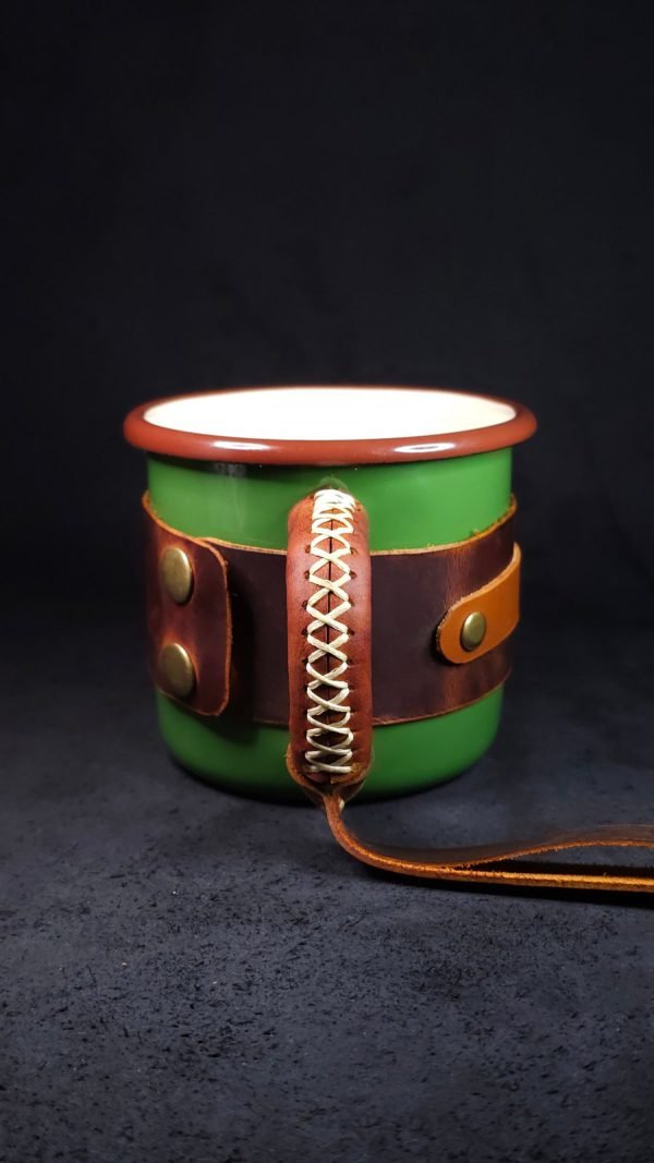 Personalized Leather-Wrapped Enamel Mug — Khaki Green