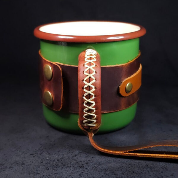 Personalized Leather-Wrapped Enamel Mug — Khaki Green Personalized Leather-Wrapped Enamel Mug — Khaki Green
