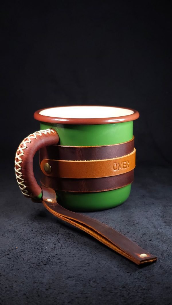 Personalized Leather-Wrapped Enamel Mug — Khaki Green