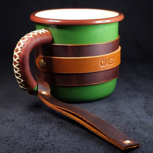 Personalized Leather-Wrapped Enamel Mug — Khaki Green Personalized Leather-Wrapped Enamel Mug — Khaki Green