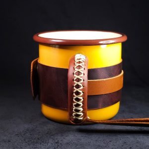 Personalized Leather-Wrapped Enamel Mug — Mustard