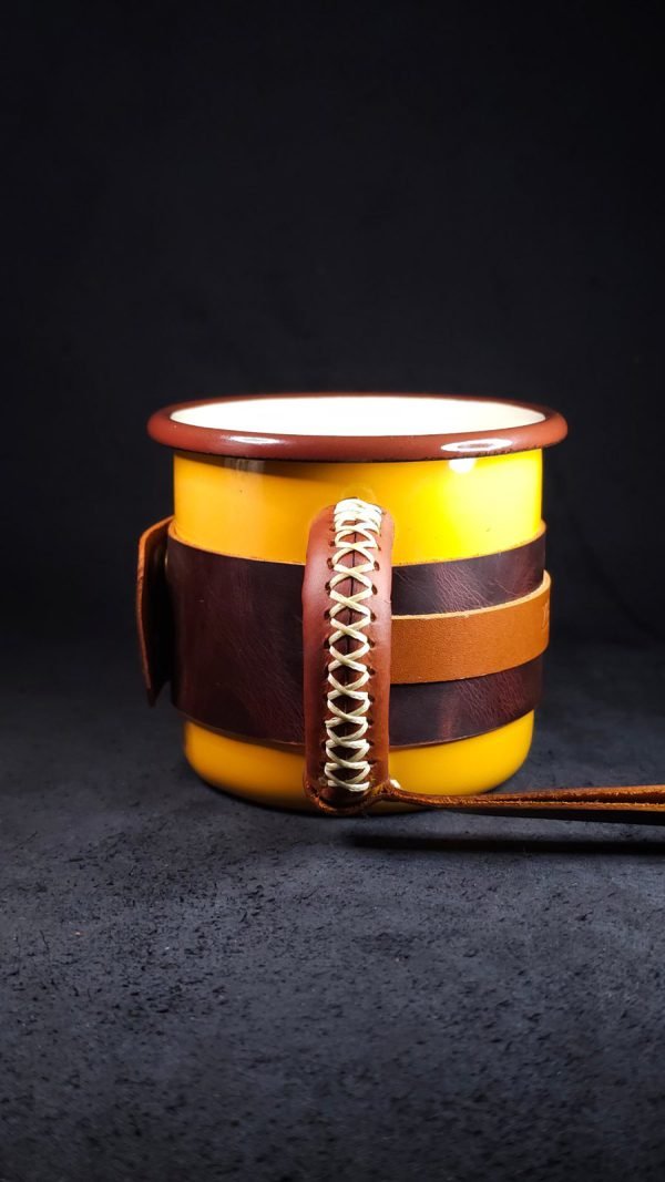 Personalized Leather-Wrapped Enamel Mug — Mustard Personalized Leather-Wrapped Enamel Mug — Mustard