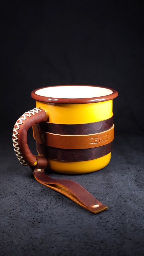 Personalized Leather-Wrapped Enamel Mug — Mustard Personalized Leather-Wrapped Enamel Mug — Mustard