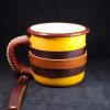 Personalized Leather-Wrapped Enamel Mug — Mustard Personalized Leather-Wrapped Enamel Mug — Mustard