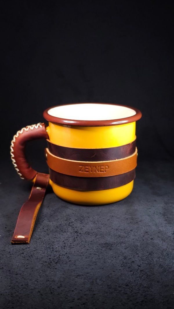 Personalized Leather-Wrapped Enamel Mug — Mustard Personalized Leather-Wrapped Enamel Mug — Mustard