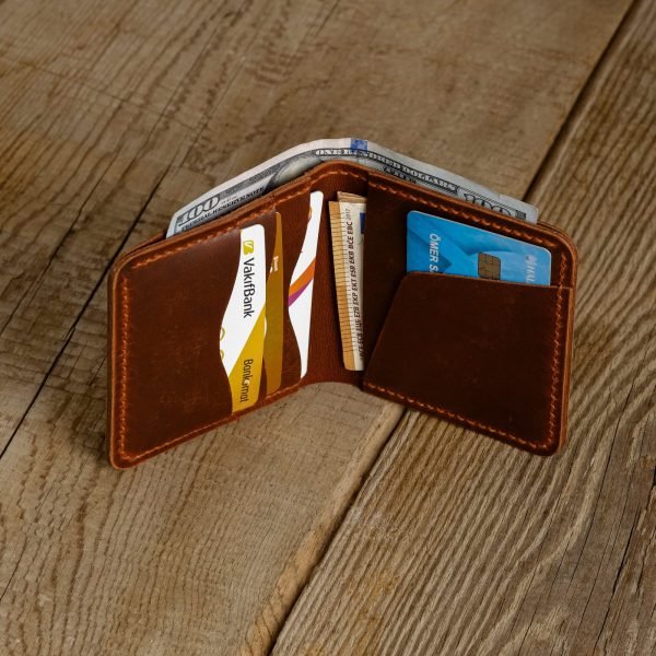 Personalized Minimalist Full-Grain Leather Bifold Wallet — Merih in Brown