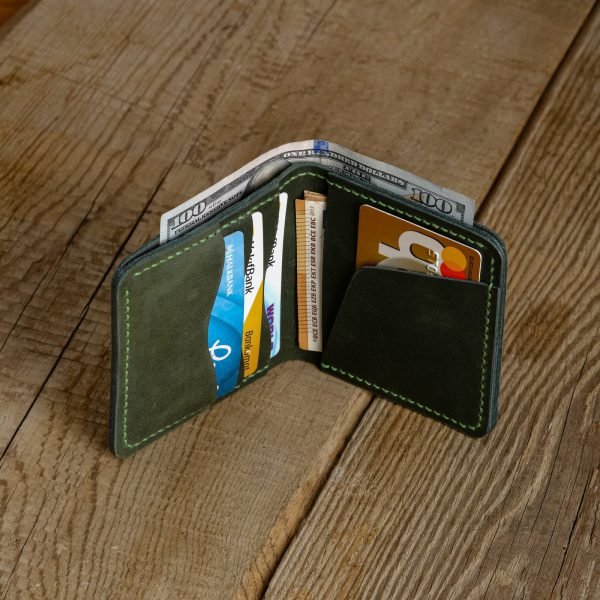 Personalized Minimalist Full-Grain Leather Bifold Wallet — Merih in Green