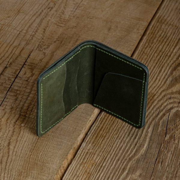 Personalized Minimalist Full-Grain Leather Bifold Wallet — Merih in Green