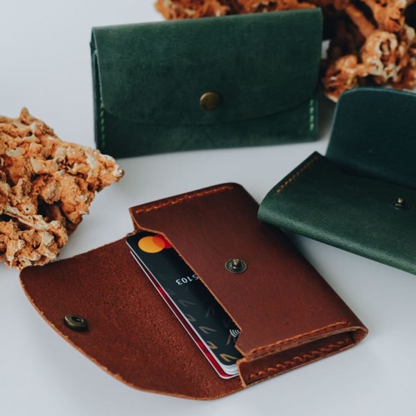 Personalized Slim Full-Grain Leather Card Holder — Poyraz — in use