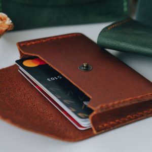 Personalized Slim Full-Grain Leather Card Holder — Poyraz — in use