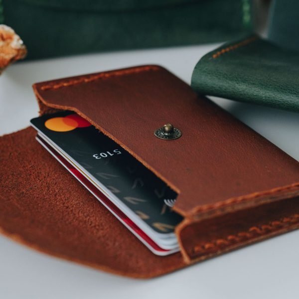 Personalized Slim Full-Grain Leather Card Holder — Poyraz — in use